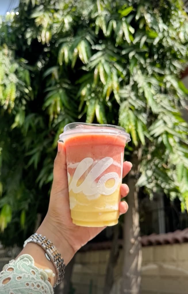 A Wello smoothie held up against green leaves