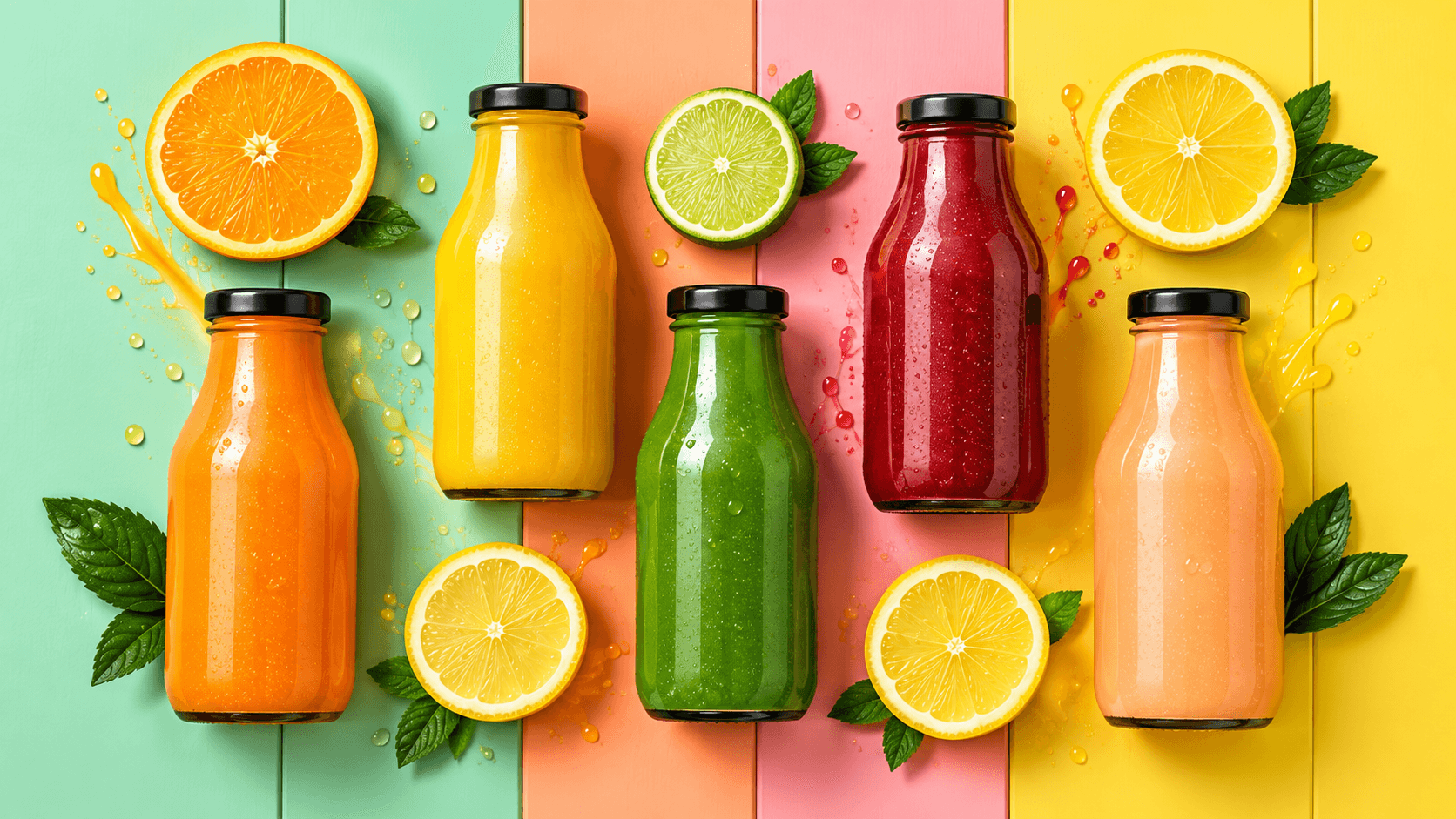 Wello juices in glass bottles with fresh citrus