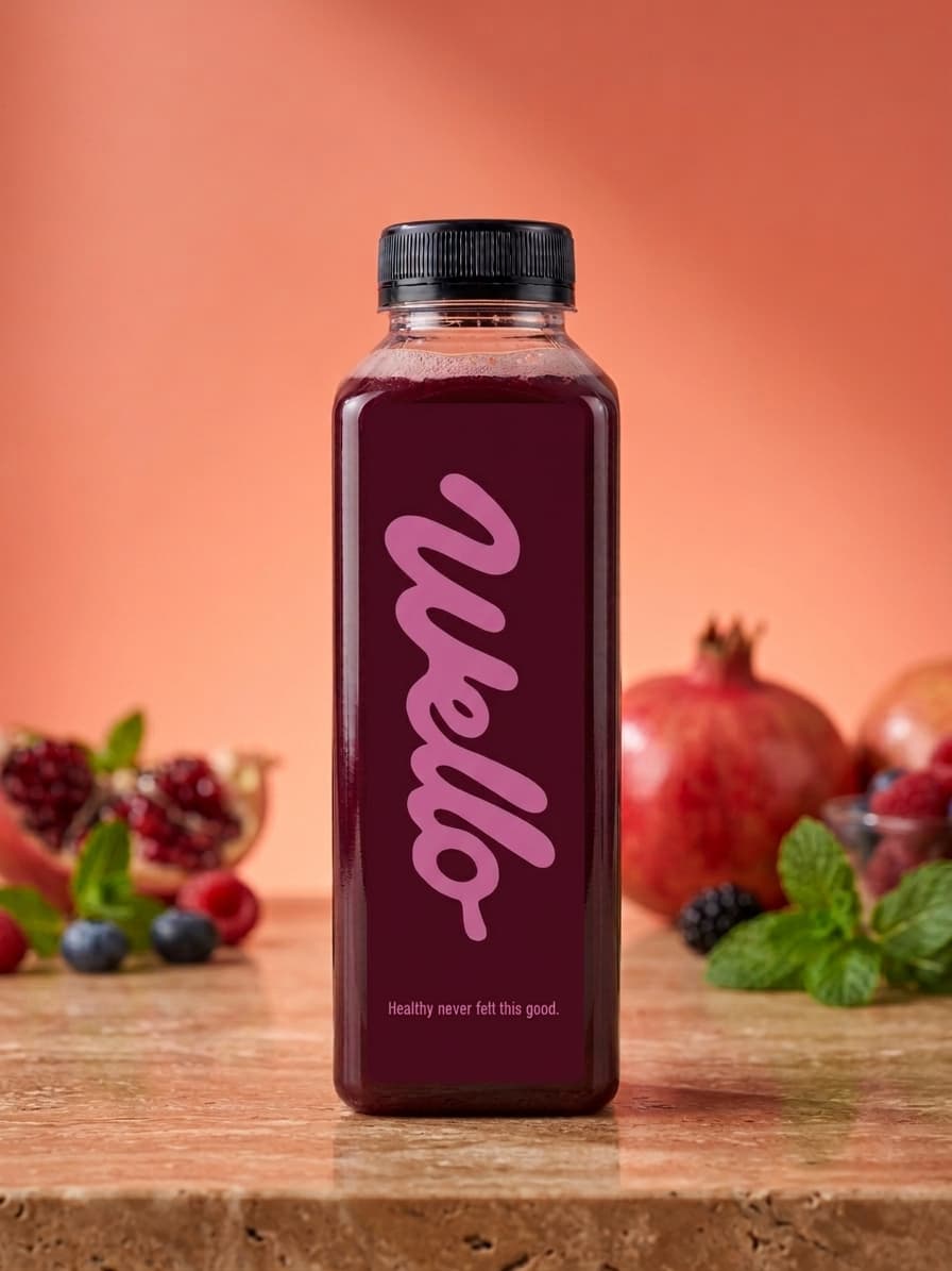 A bottle of Wello Midnight Berry with fresh berries